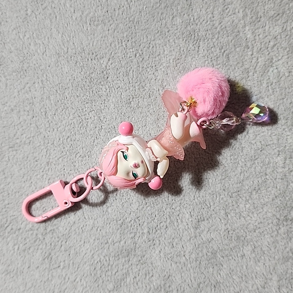 Cute Skullpanda Keychain with Pom Pom and Glass Beads